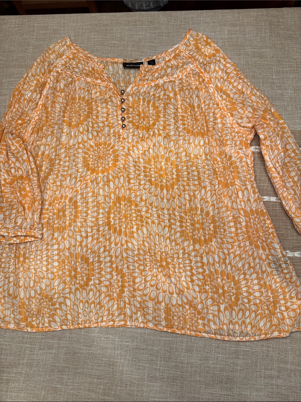 Avenue Orange and White Printed Button  Blouse